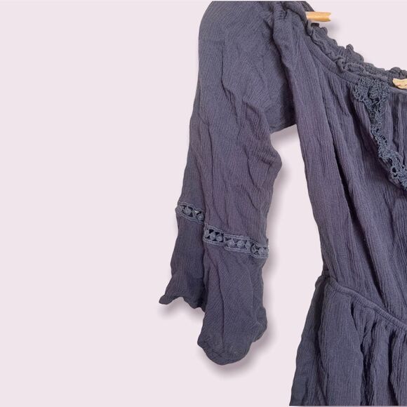 Elegant Unique Celtic Flowy 3/4 Sleeve Navy Blue Romper with Knit Lace Ruffles - Picture 4 of 11